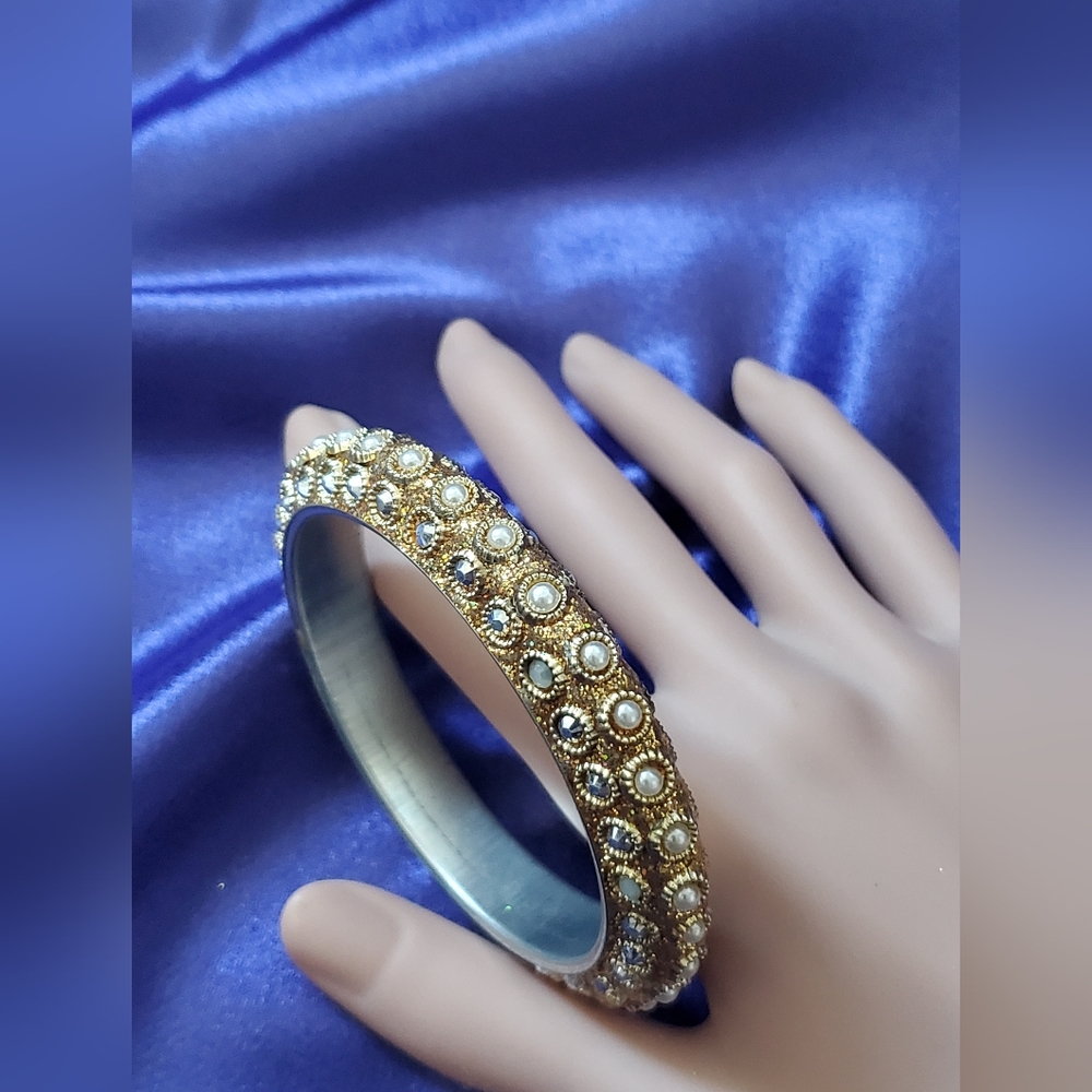 Women's bangle bracelet gold toned pearls rhinestones